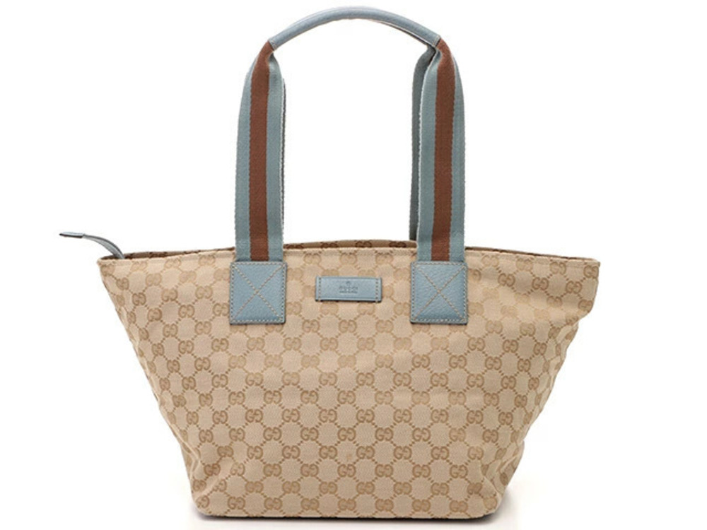 Gucci Tote Bag Blue Beige Cream GG Canvas Leather